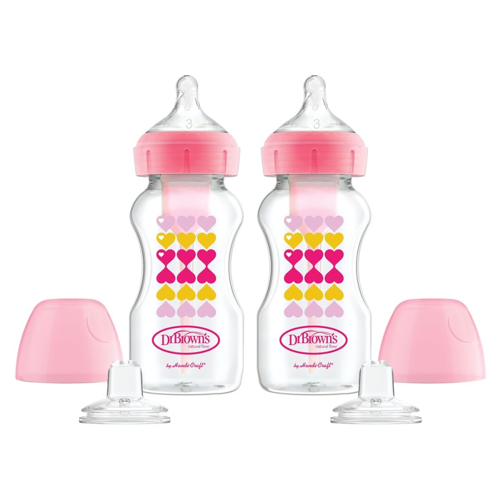 Dr. Browns Anti-Colic Options+ Wide-Neck Sippy Bottle Starter Kit, 9oz/270mL, with Level 3 Medium-Fast Flow Nipple and Soft 100% Silicone Sippy Spout, Pink, BPA Free, 6m+, 2 Pack