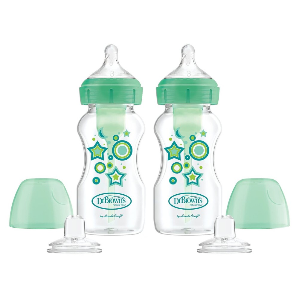 Dr. Brown\'s Anti-Colic Options+ Wide-Neck Sippy Bottle Starter Kit, 9oz/270mL, with Level 3 Medium-Fast Flow Nipple and Soft 100% Silicone Sippy Spout, Green, BPA-Free, 6m+, 2-Pack