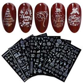 9 Sheets Merry Christmas Nail Art Stickers Decals Self-Adhesive Holiday Snowflakes Laser Silver Snowman Bell Nail Supplies Nail Art Design Decoration Accessories