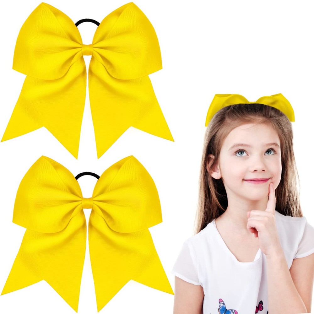 2 Packs Jumbo Cheerleading Bow 8 Inch Large Cheer Hair Bows with Ponytail Holder for Teen Girls Softball Outfit Uniform(Yellow)