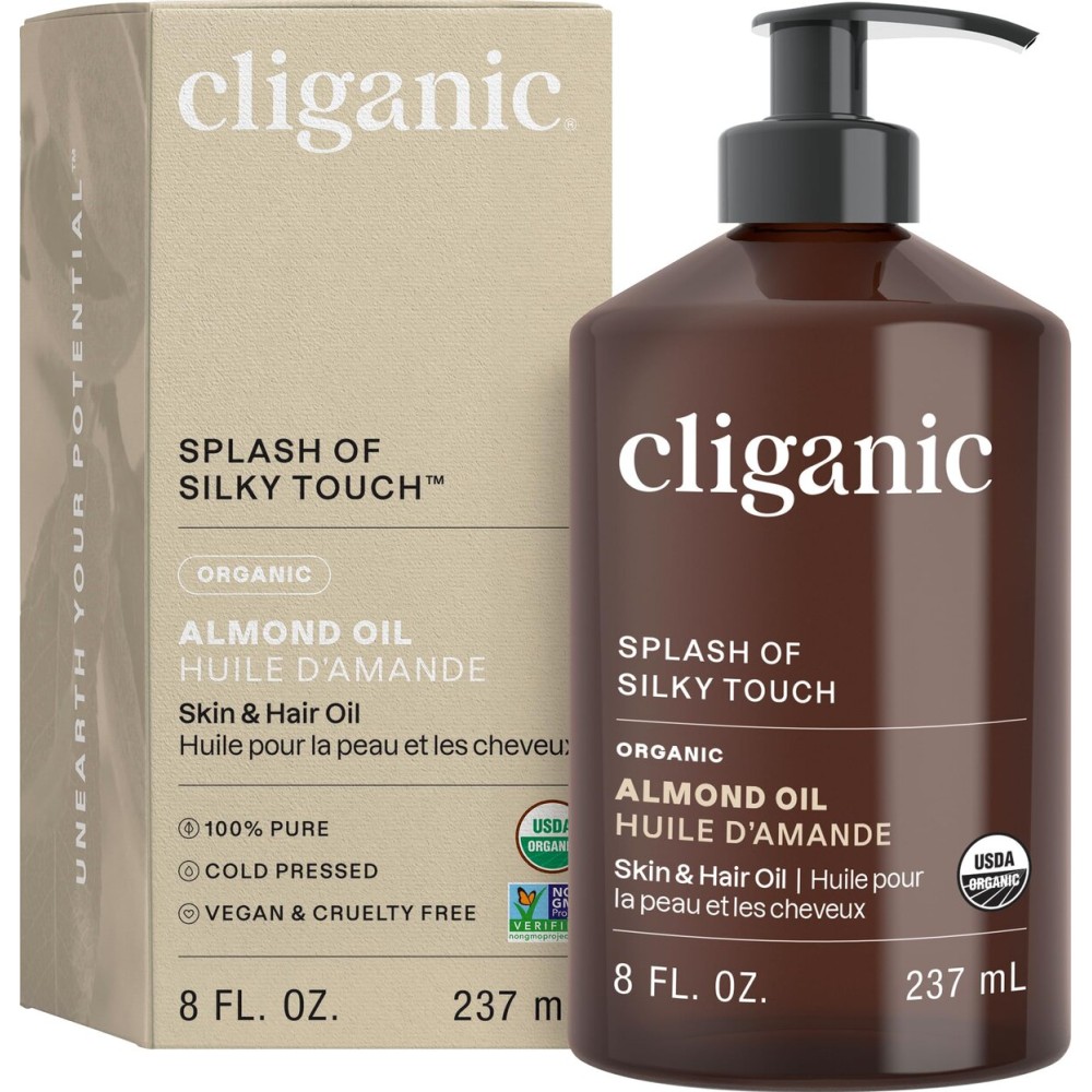 Cliganic Organic Sweet Almond Oil, 100% Pure (8oz) - for Skin & Hair, Nourishing Carrier Oil for Face & Body