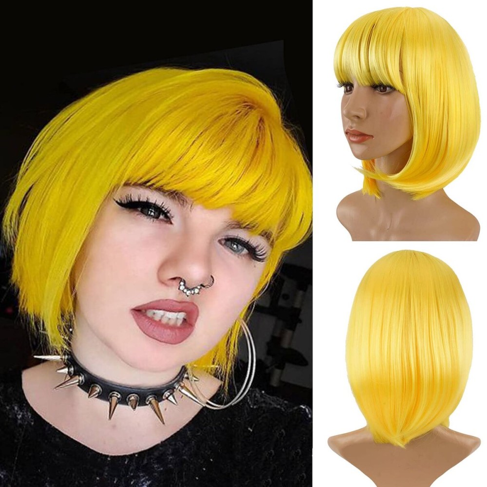 YOUNIGA Bob Wig With Bangs Yellow 12 Inch Short Synthetic Fiber Bob Wigs for Women Short Bob Wigs and Halloween Cosplay Wig for Daily Life Colorful Wigs With One Cap (Yellow)
