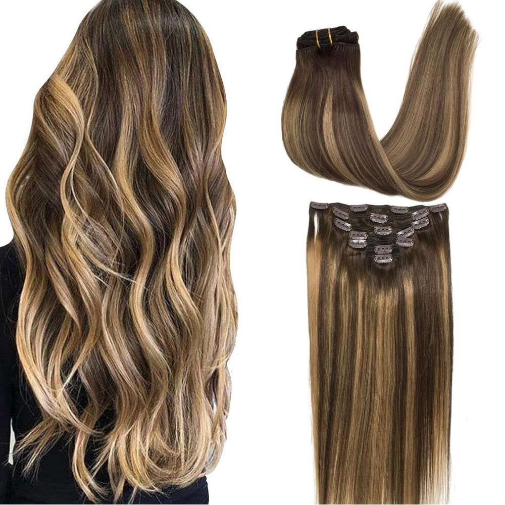 GOO GOO Clip in Hair Extensions Real Human Hair, Remy Human Hair Extensions Clip ins for Women, Natural Human Hair, 12inch 85g 7Pcs, 4/27/4 Balayage Chocolate Brown to Caramel Blonde