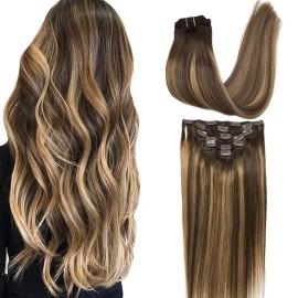 GOO GOO Clip in Hair Extensions Real Human Hair, Remy Human Hair Extensions Clip ins for Women, Natural Human Hair, 12inch 85g 7Pcs, 4/27/4 Balayage Chocolate Brown to Caramel Blonde