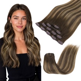 GOO GOO Clip in Hair Extensions Real Human Hair, Remy Human Hair Extensions Clip ins for Women, Natural Human Hair, 14inch 60g 4Pcs, 4/27/4 Balayage Chocolate Brown to Caramel Blonde
