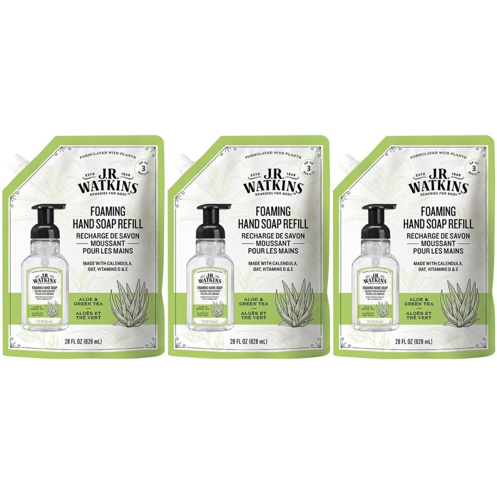 J.R. Watkins Foaming Hand Soap Refill, Moisturizing Foam Hand Wash, Alcohol-Free, Cruelty-Free, Aloe Green Tea, 28 fl oz, 3 Pack