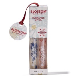 Blossom Lip Oil with Olive Oil + Grape Seed Oil, Moisturizing and Hydrating Shimmer Sparkle, Infused with Real Flowers, 6g, Holiday Stocking Stuffer, 2 pack, Coconut/Watermelon