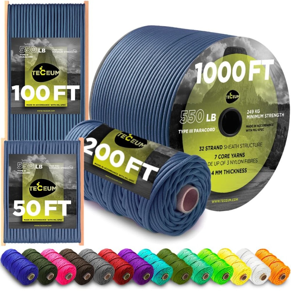 TECEUM Paracord Type III 550 Blue Oil - 200 ft - 4mm - Tactical Rope MIL-SPEC - Outdoor para Cord -Camping Hiking Fishing Gear and Equipment - EDC Parachute Cord - Strong Survival Rope 420 n1