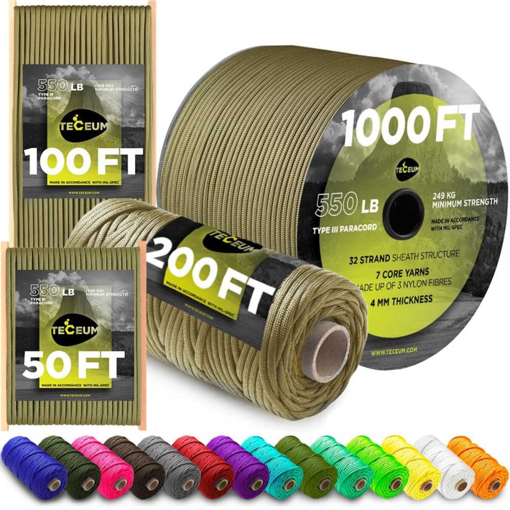 TECEUM Paracord Type III 550 Coyote Brown - 200 ft - 4mm - Tactical Rope MIL-SPEC - Outdoor para Cord -Camping Hiking Fishing Gear and Equipment - EDC Parachute Cord - Strong Survival Rope 012 n1