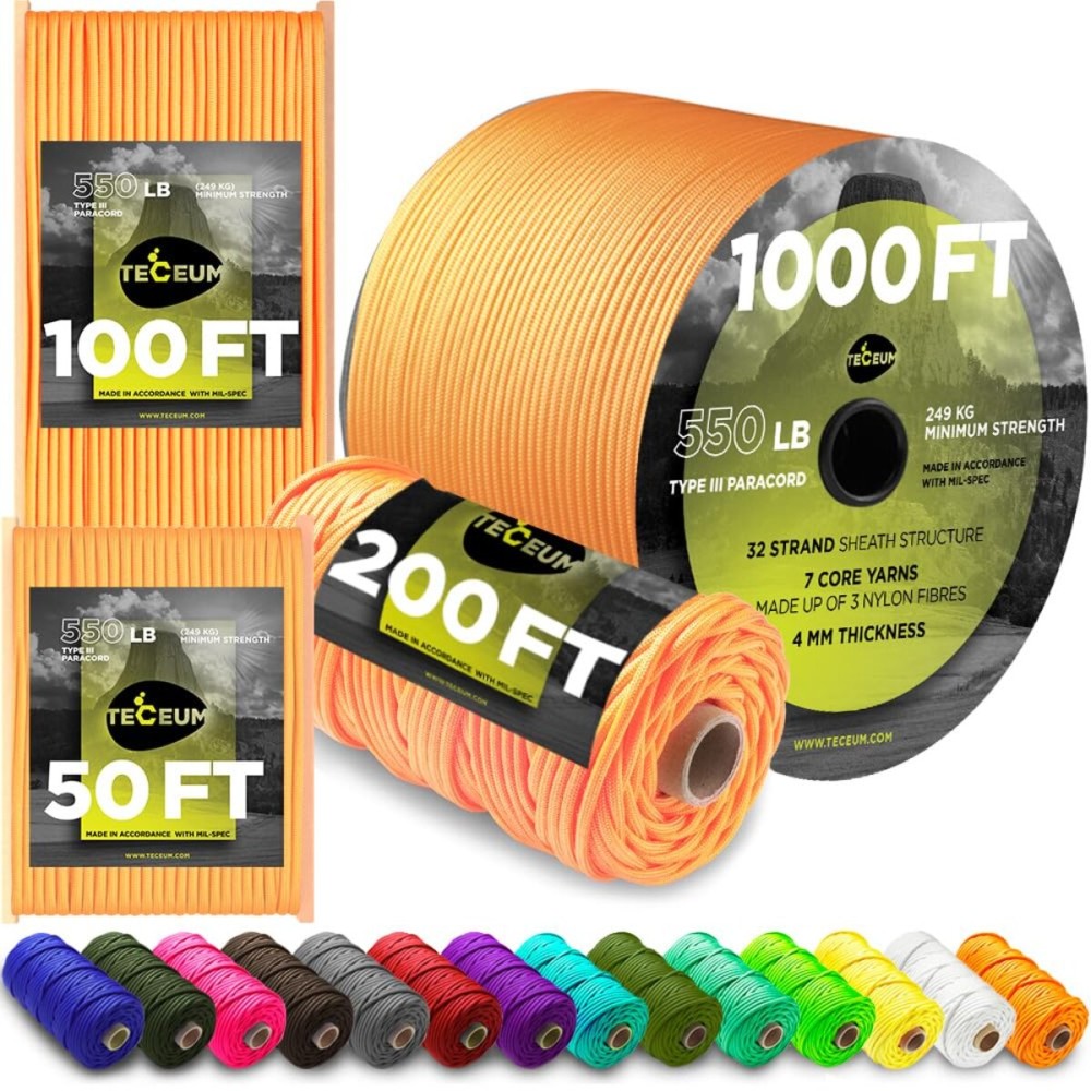 TECEUM Paracord Type III 550 Apricot - 200 ft - 4mm - Tactical Rope MIL-SPEC - Outdoor para Cord -Camping Hiking Fishing Gear and Equipment - EDC Parachute Cord - Strong Survival Rope 085 n1