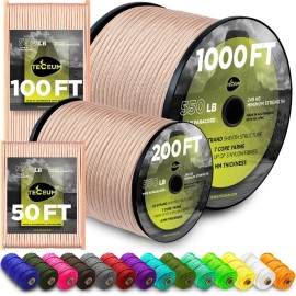 TECEUM Paracord Type III 550 Beige - 50 ft - 4mm - Tactical Rope MIL-SPEC - Outdoor para Cord -Camping Hiking Fishing Gear and Equipment - EDC Parachute Cord - Strong Survival Rope