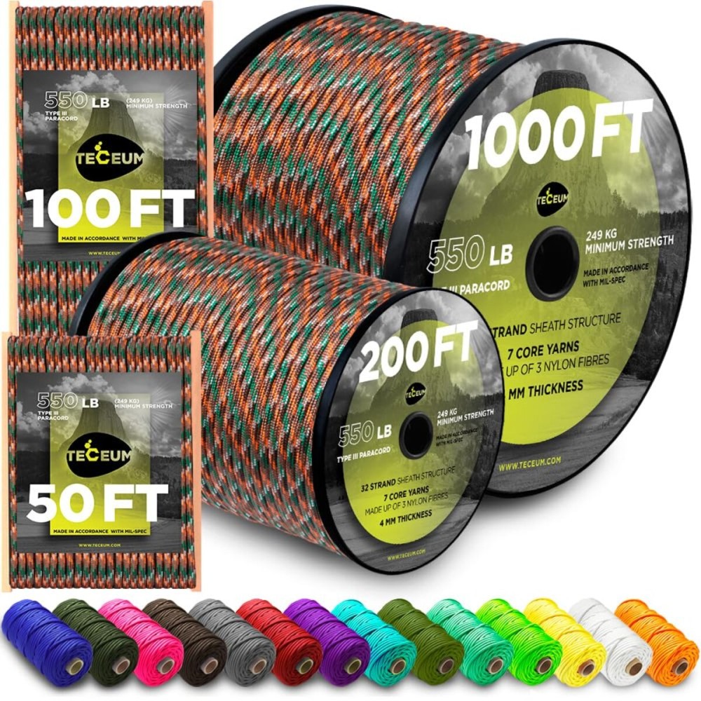 TECEUM Paracord Type III 550 Mixed Camo - 100 ft - 4mm - Tactical Rope MIL-SPEC - Outdoor para Cord -Camping Hiking Fishing Gear and Equipment - EDC Parachute Cord - Strong Survival Rope