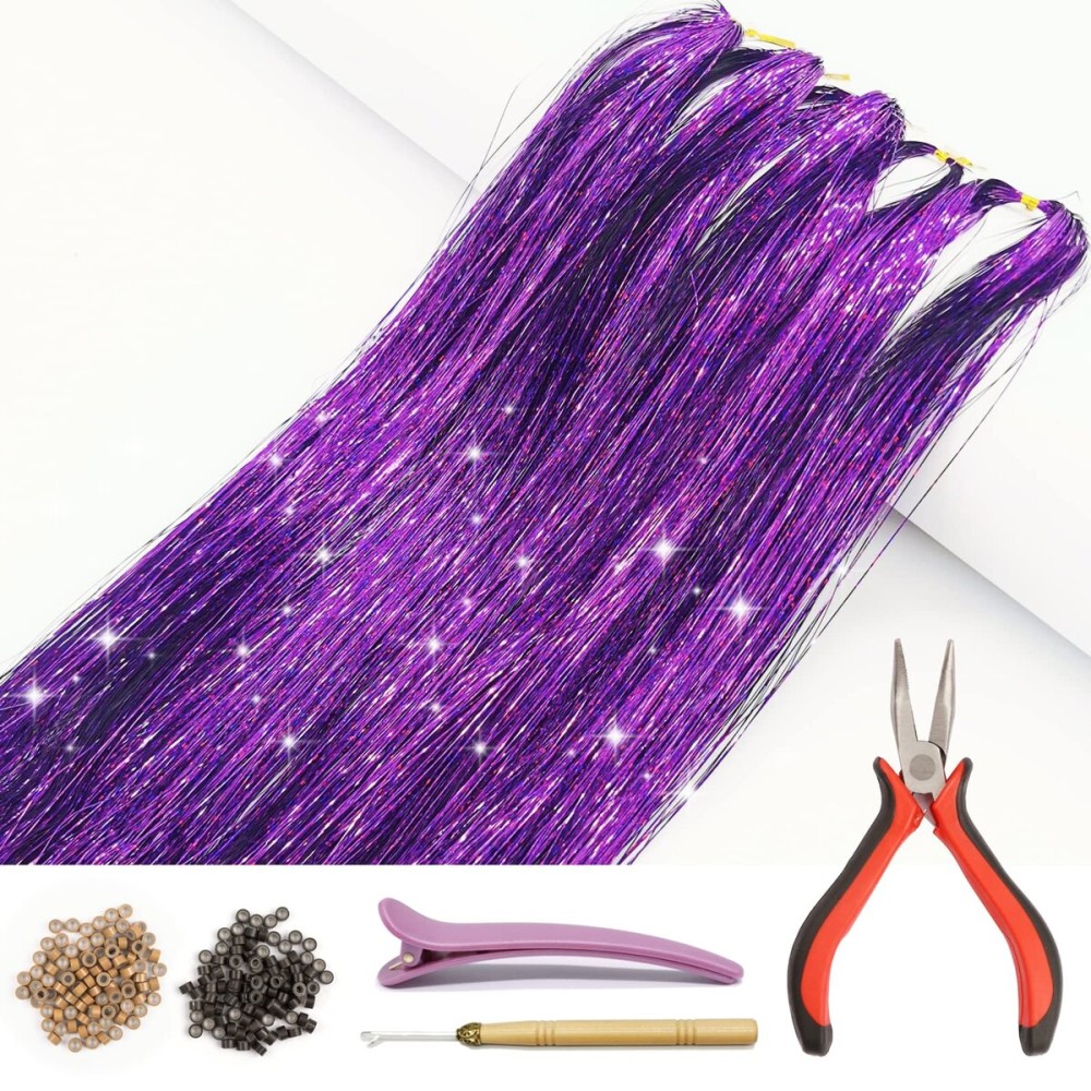 Hair Tinsel Kit with Tools and Instruction Easy to Use 1000 Strands 47 Inches Glitter Tinsel Hair Extensions for Women and Girls, Sparkling Shinny Fairy Hair Accessories for Christmas New Year Halloween Cosplay Party (Purple)