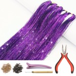 Hair Tinsel Kit with Tools and Instruction Easy to Use 1000 Strands 47 Inches Glitter Tinsel Hair Extensions for Women and Girls, Sparkling Shinny Fairy Hair Accessories for Christmas New Year Halloween Cosplay Party (Purple)