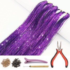 Hair Tinsel Kit with Tools and Instruction Easy to Use 1000 Strands 47 Inches Glitter Tinsel Hair Extensions for Women and Girls, Sparkling Shinny Fairy Hair Accessories for Christmas New Year Halloween Cosplay Party (Purple)
