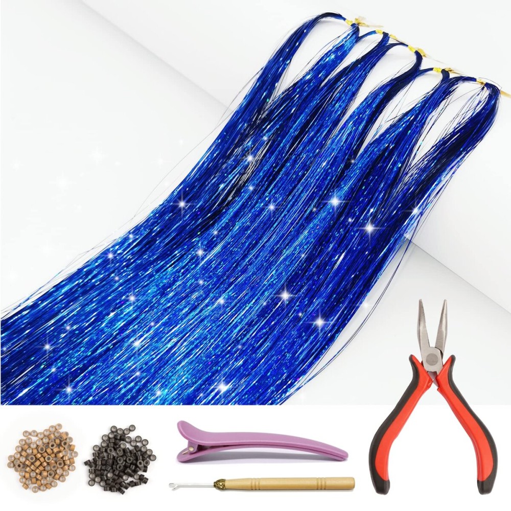Hair Tinsel Kit with Tools and Instruction Easy to Use 1000 Strands 47 Inches Glitter Tinsel Hair Extensions for Women and Girls, Sparkling Shinny Fairy Hair Accessories for Christmas New Year