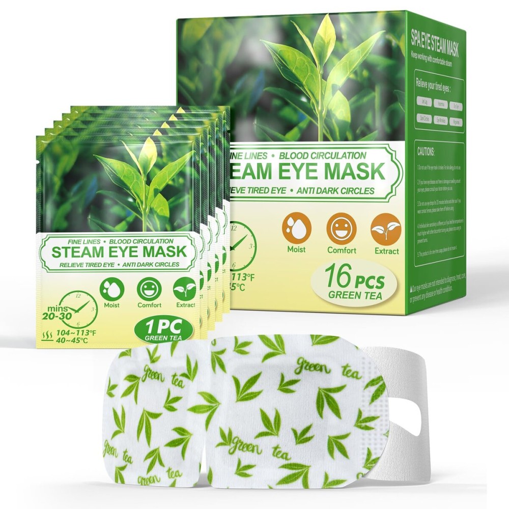 16 Packs Steam Eye Masks for Dry Eyes, Green Tea Warm Eye Mask, Relief Eye Fatigue & Puffy Eyes, Moist Heating Compress for Eyes, Self Heated Eye Mask, Disposable Travel Essentials & Relaxation Sets