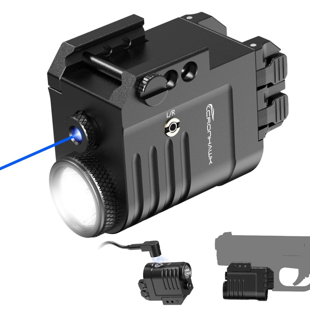 CRONHAWK Blue Laser Light Combo for Pistol, Rail Mounted Rechargeable Gun Flashlight Laser Combo with Strobe Compatible with Picatinny 1913