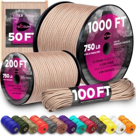 TECEUM Paracord Type IV 750 lb Beige - 100 ft - 4mm - Nylon Strong Tactical MIL-SPEC Parachute Cord - Survival Rope Emergency para Cord 11 Strands Core EDC Camping Hiking Military Gear 366