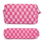 SOIDRAM Checkered Cosmetic Bag and Makeup Brush Storage Bag - Pink Travel Toiletry Organizer