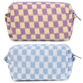 SOIDRAM 2 Pieces Makeup Bag Checkered Cosmetic Bag Purple Blue Makeup Pouch Travel Toiletry Bag Organizer Cute Makeup Brushes Storage Bag for Women