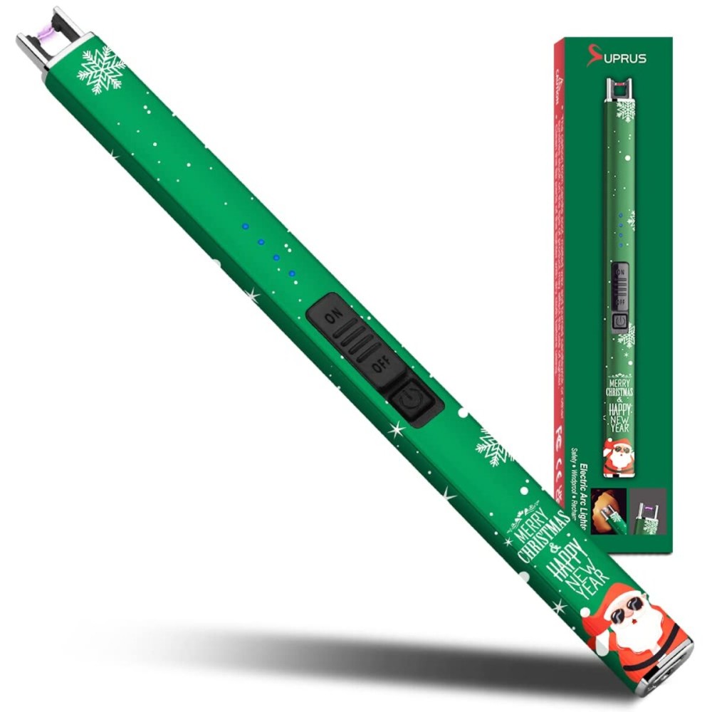 SUPRUS Electric Lighter Arc Windproof Flameless USB Rechargeable Lighter with Safety Lock for Candle BBQ Camping (Christmas Green)