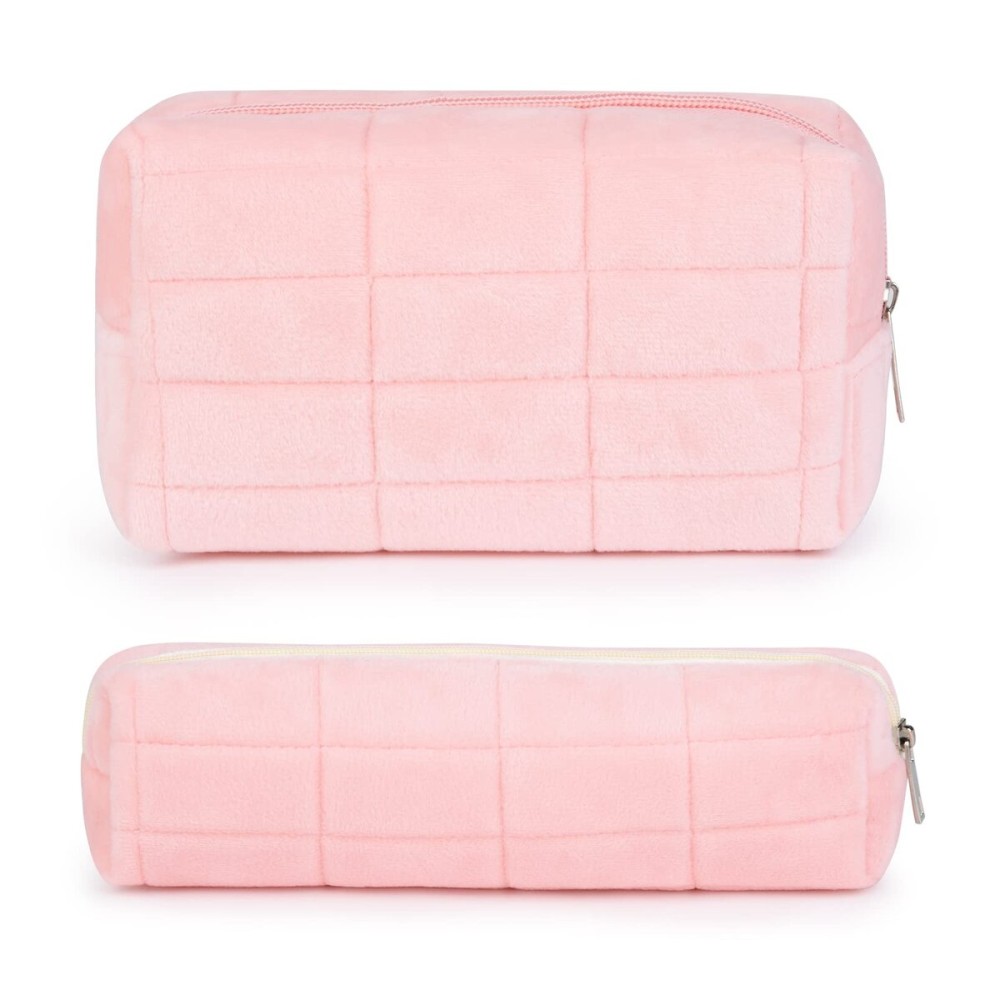 SOIDRAM Checkered Cosmetic Bag - Plush Pink Makeup Pouch, Large Capacity, Travel Toiletry Bag Organizer with 1Pcs Makeup Brushes Storage