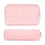 SOIDRAM Checkered Cosmetic Bag - Plush Pink Makeup Pouch, Large Capacity, Travel Toiletry Bag Organizer with 1Pcs Makeup Brushes Storage