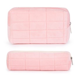 SOIDRAM Checkered Cosmetic Bag - Plush Pink Makeup Pouch, Large Capacity, Travel Toiletry Bag Organizer with 1Pcs Makeup Brushes Storage