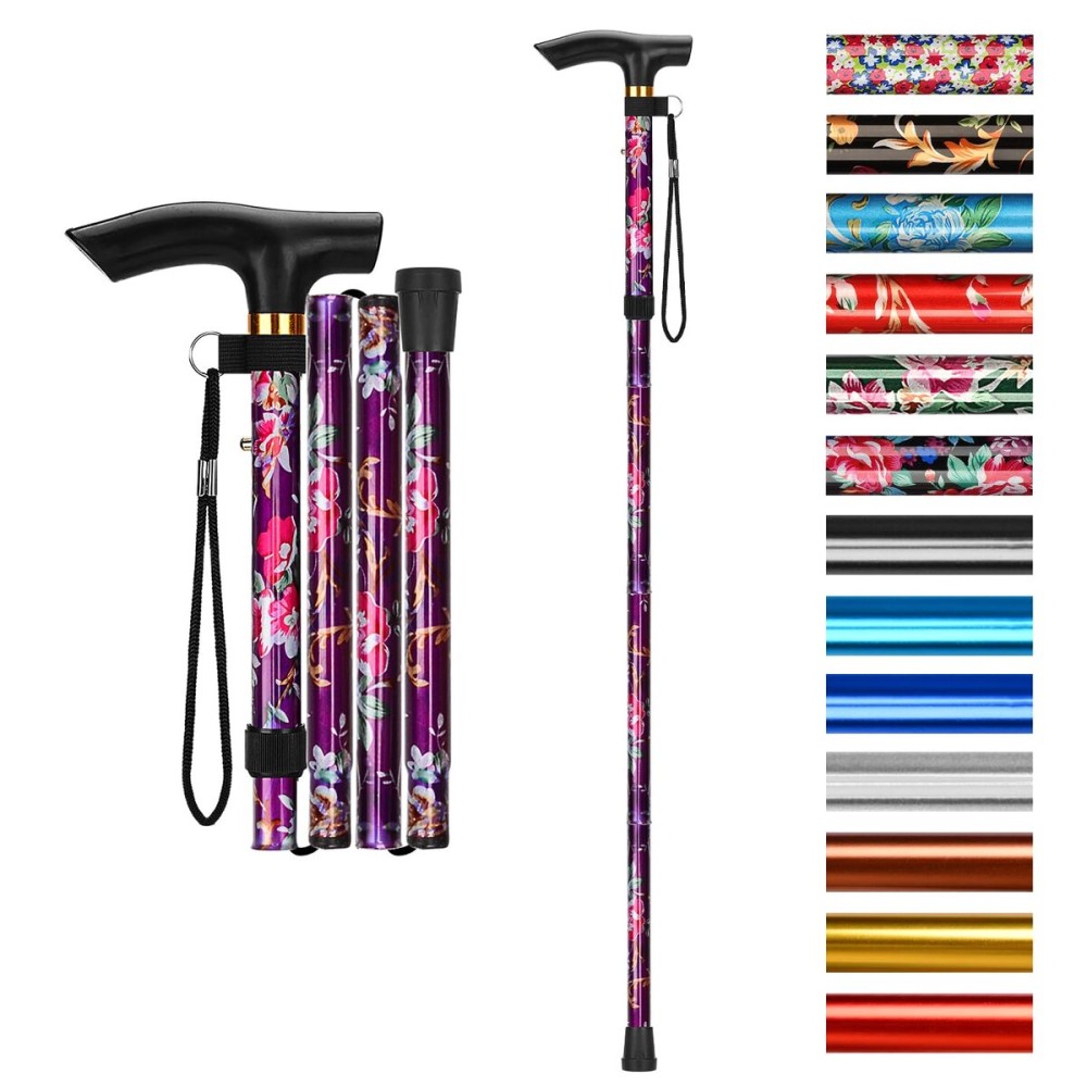 supregear Folding Cane, 5-Level Adjustable Height Walking Stick Lightweight Collapsible Portable Travel Cane with Wrist Strap and T Handle for Elderly Disabled Men Women, Purple Floral