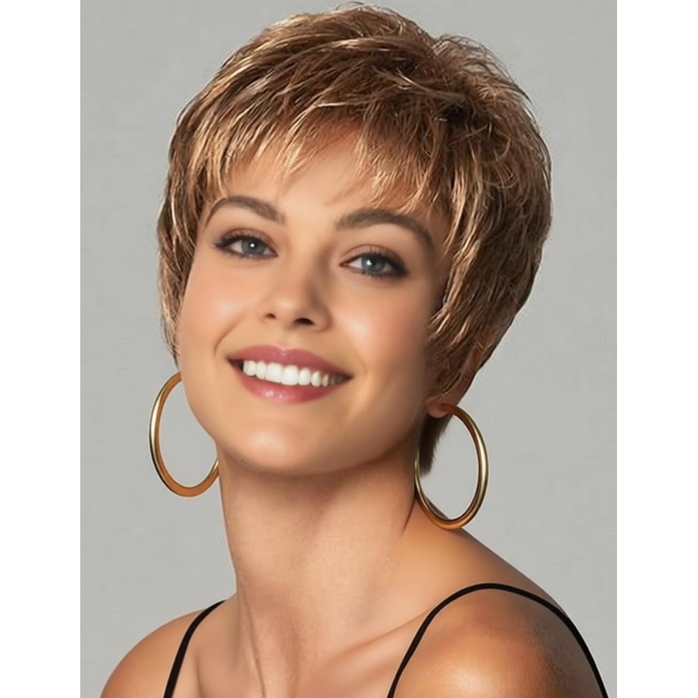 TISHINING Pixie Cut Short Brown Wigs for Women Dark Brown Mixed Blonde Layered Short Hair Wig with Bangs Natural Looking Daily Party Synthetic Hair Replacement Wig