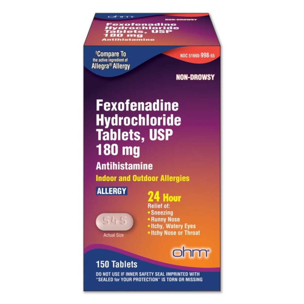 Ohm Allergy Medicine, Fexofenadine 180mg (150 Count) 24-Hour Non-Drowsy Antihistamine Tablets for Indoor & Outdoor Allergy Relief, Runny Nose, Sneezing, Itchy Nose or Throat, Watery Eyes