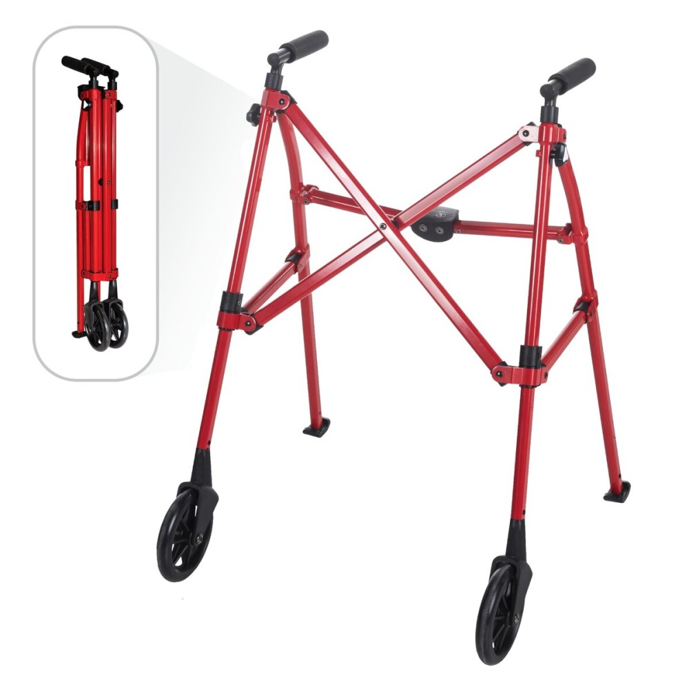 Stander Space Saver Walker, Lightweight Folding Rolling Mobility Aid for Seniors & Adults, Compact 2-Wheel Disability Device with 6-inch Wheels & Ski Glides for Walking Support, Sport Red