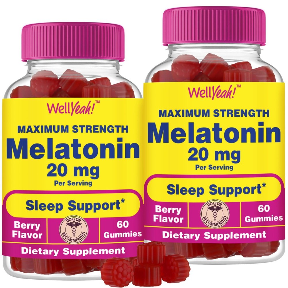 WellYeah Melatonin Gummies 20mg (2 Pack) | Sleep Support | Maximum Strength Melatonin 20mg Gummies for Adults | Fast Dissolved | Great Berry Flavor | 60 Count | Vegan, Non GMO