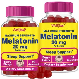 WellYeah Melatonin Gummies 20mg (2 Pack) | Sleep Support | Maximum Strength Melatonin 20mg Gummies for Adults | Fast Dissolved | Great Berry Flavor | 60 Count | Vegan, Non GMO