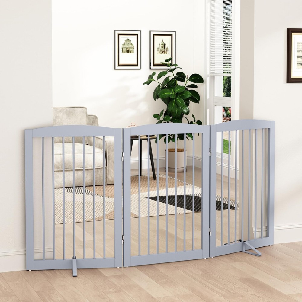 PUPETPO Freestanding Pet Gate for Dogs, Foldable Wooden Dog Gate for House Indoor, Tall Pet Fence for Stair, Doorway,Hall, Support Feet Included, 3 Panels 32,Grey