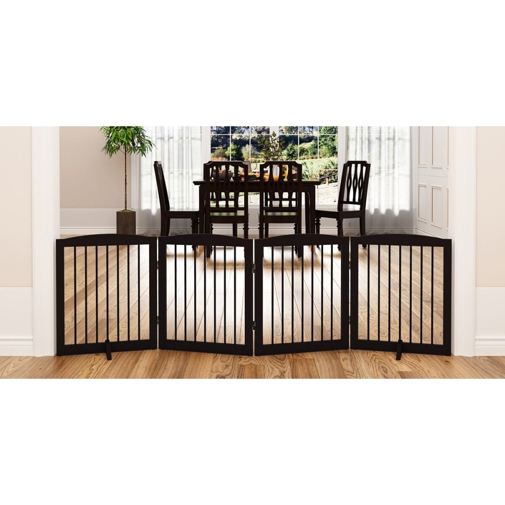PUPETPO Freestanding Pet Gate for Dogs, Foldable Wooden Dog Gate for House, Indoor Dog Gate for Stair, Doorway, Gates for Dogs Indoor, 80 Inch Wide, 4 Panels 24,Brown