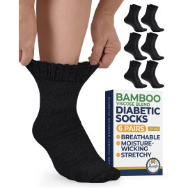 Pembrook Bamboo Viscose Diabetic Socks for Women & Men - 6 Pairs Ankle Diabetic Socks for Men 9-12 for Swollen Feet & Neuropathy | Moisture Wicking | Black