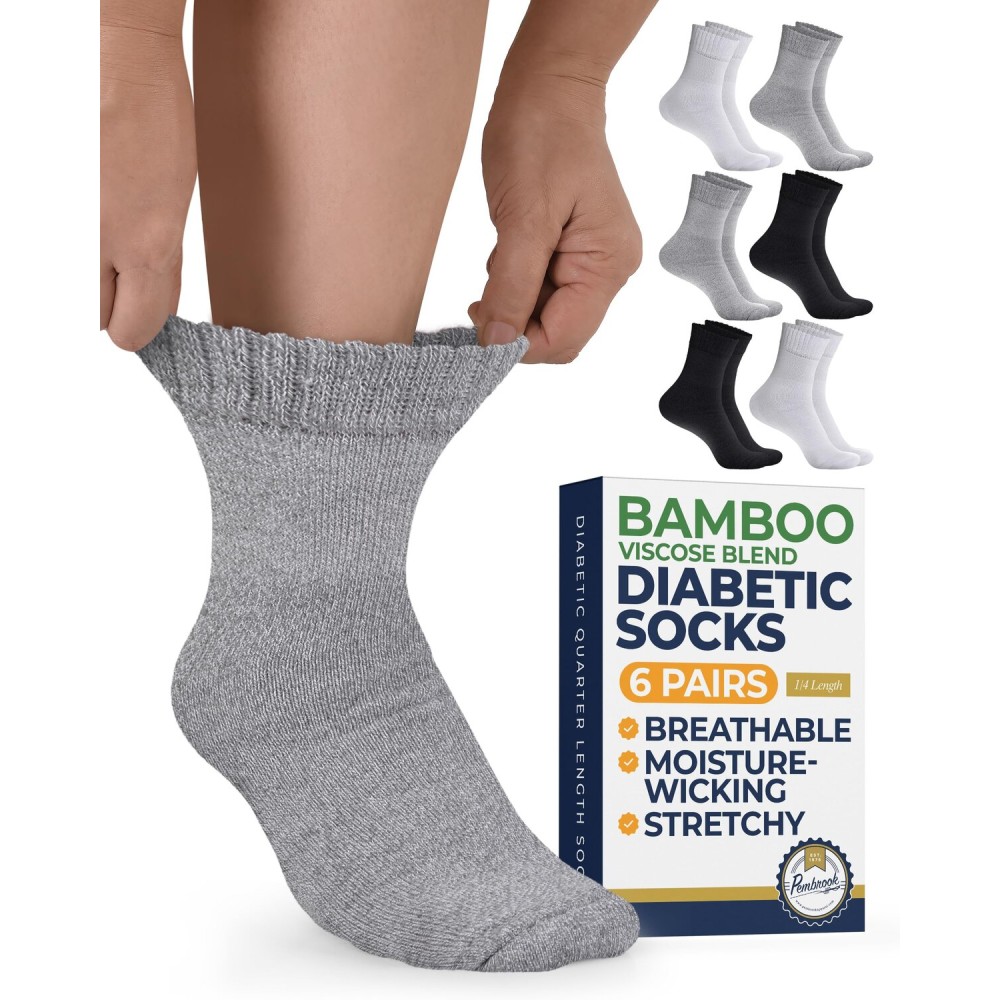 Pembrook Bamboo Viscose Diabetic Socks for Women & Men - 6 Pairs Ankle Socks for Swollen Feet | Neuropathy Socks | Stretch Top Diabetic Socks for Men 9-12 | Black, Gray, White
