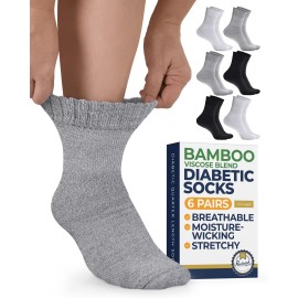 Pembrook Bamboo Viscose Diabetic Socks for Women & Men - 6 Pairs Ankle Socks for Swollen Feet | Neuropathy Socks | Stretch Top Diabetic Socks for Men 9-12 | Black, Gray, White