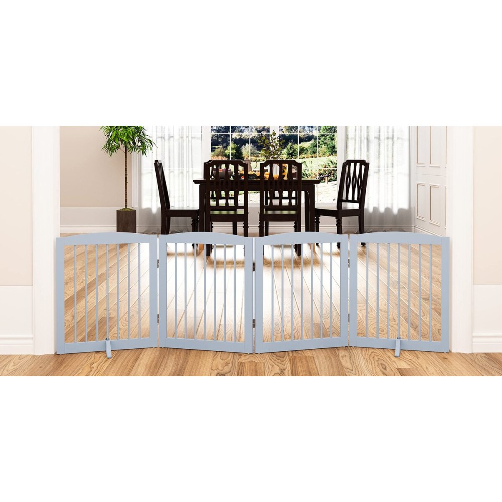 PUPETPO Freestanding Pet Gate - Foldable Wooden Dog Gate for House, Indoor, 80 Inch Wide, 4 Panels 24, Grey