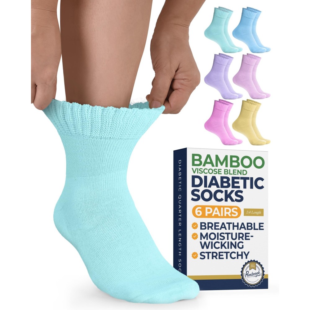 Pembrook Bamboo Viscose Diabetic Socks for Women & Men - 6 Pairs Ankle Socks for Swollen Feet | Neuropathy Socks | Diabetic Socks Women 9-12 | Pink, Light Pink, Purple, Blue, Green, Yellow