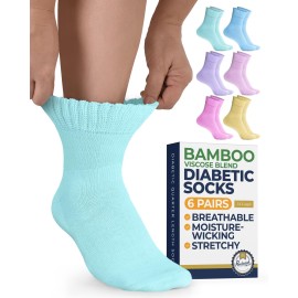 Pembrook Bamboo Viscose Diabetic Socks for Women & Men - 6 Pairs Ankle Socks for Swollen Feet | Neuropathy Socks | Diabetic Socks Women 9-12 | Pink, Light Pink, Purple, Blue, Green, Yellow