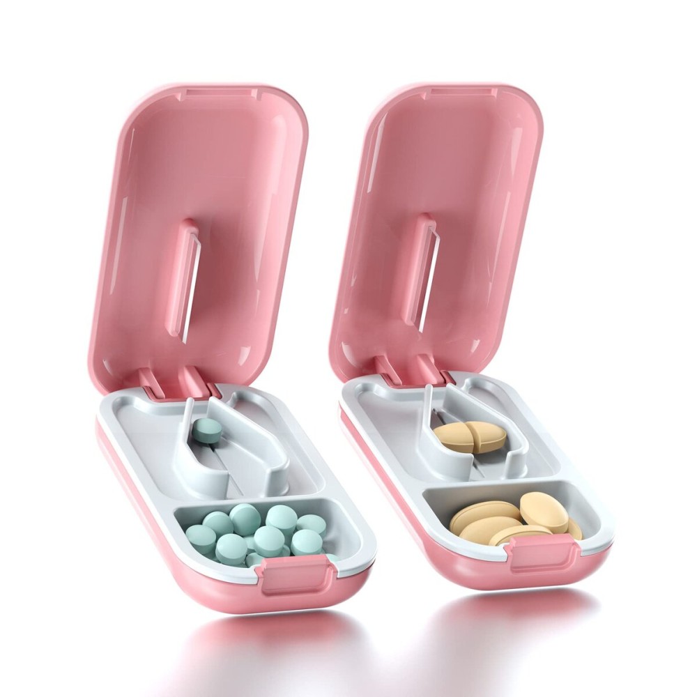 DUBSTAR Small Pill Cutter, Splitter for Small & Tiny Pills, Portable Pill Cutters for Large Pills, Cuts Vitamins & Tablets, 2 Compartments (2 PCS, Pink+Pink)