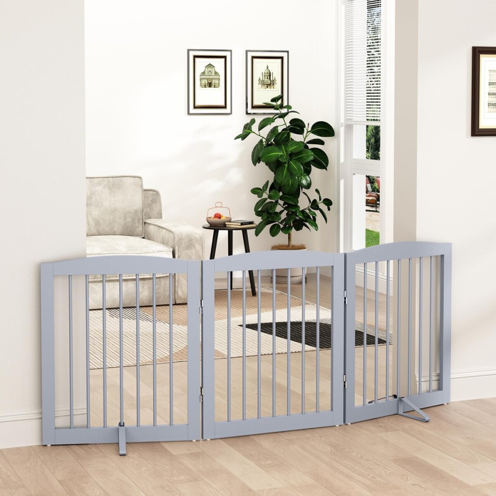 PUPETPO Freestanding Pet Gate for Dogs, Foldable Wooden Dog Gate for House, Indoor Dog Gate for Doorways, Stairs, Gates for Dogs Indoor, Support Feet Included, 24 Height 3 Panels, Grey