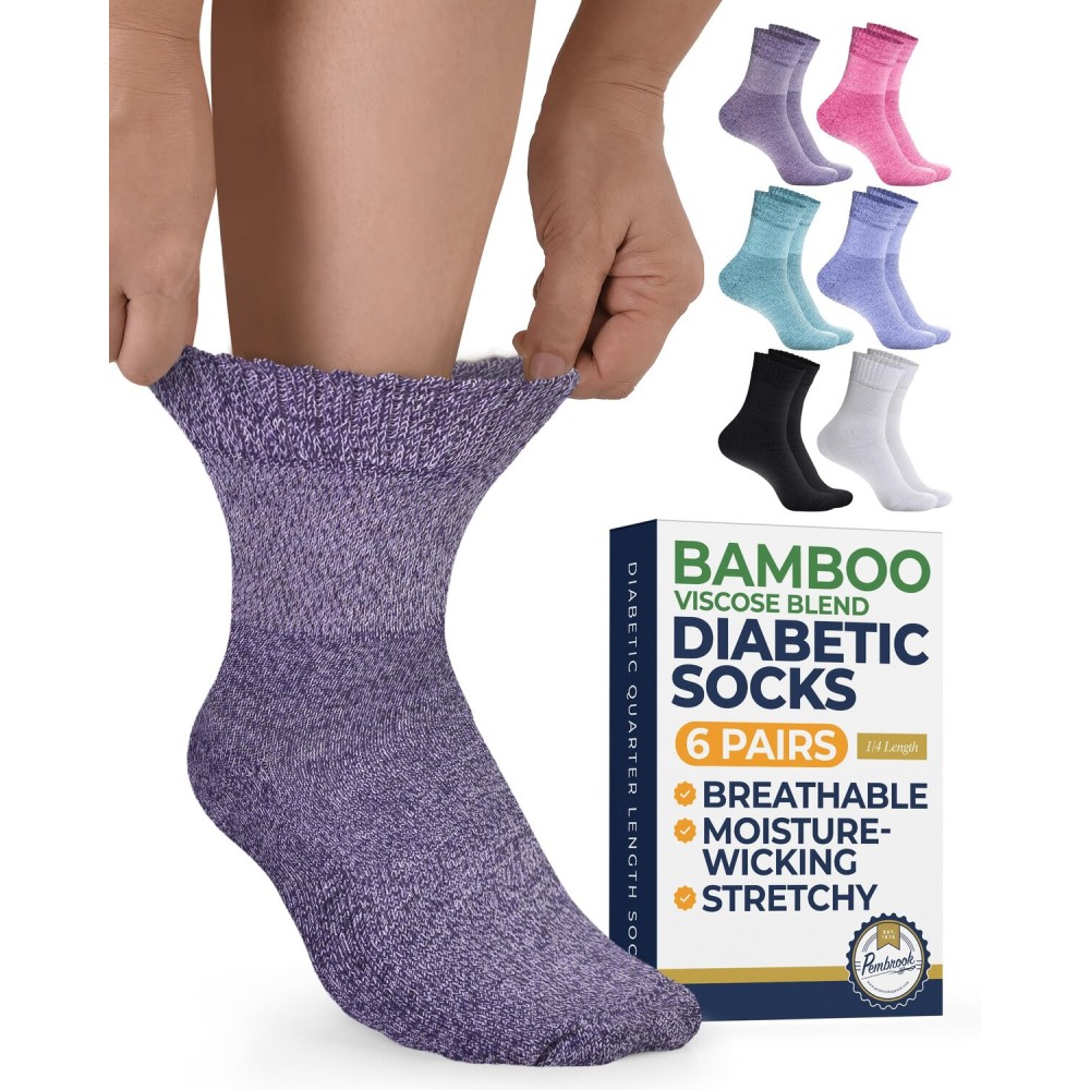 Pembrook Bamboo Viscose Diabetic Socks for Women & Men - 6 Pairs Ankle Socks for Swollen Feet | Neuropathy Socks | Edema Neuropathy Socks for Women | Diabetic Socks Women 9-12