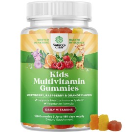 Natures Craft Plant Based Kids Multivitamin Gummies - Multivitamin for Kids Immunity Support Gummies with Vitamins A C D3 E B and Zinc Gelatin and Gluten Free Non-GMO Vitamins Gummy Formula 180ct