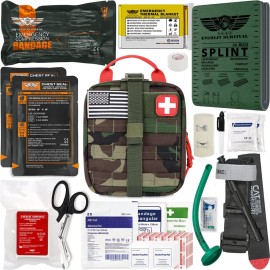 EVERLIT Advanced Emergency Trauma Kit, CAT GEN-7 Tourniquet Mil-Spec Nylon Laser Cut Pouch with 36 Splint, Military Combat Tactical IFAK for First Aid Response Bleeding Control (Woodland)