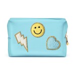 LieToi Preppy Patch Cosmetic Toiletry Bag, PU Leather Portable Waterproof Makeup Bag Smile Lightning Heart Organizer Compliant Bag Daily Travel Use Storage Purse for Women Girls (Large, Canal Blue)