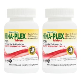 NaturesPlus Hema-Plex Iron - 60 Slow-Release Tablets, Pack of 2 - Total Blood Health - 85 mg Chelated Iron - with Vitamin C & Bioflavonoids - Non GMO, Vegetarian & Gluten Free - 120 Total Servings